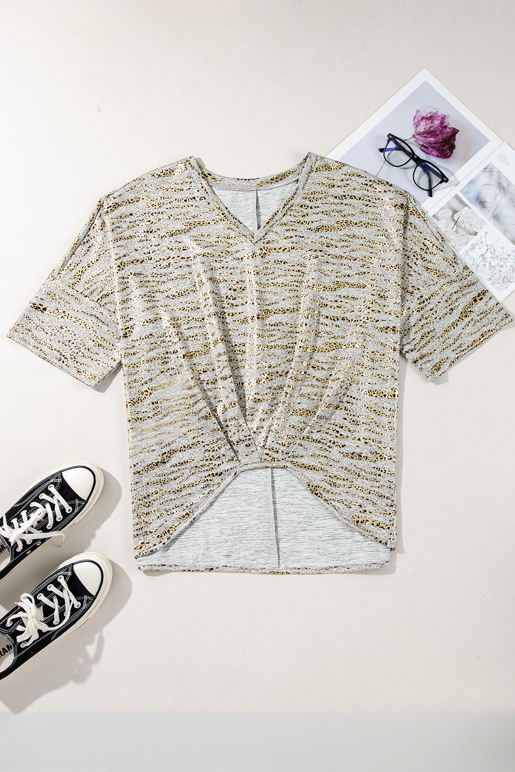Gray Leopard Print 3/4 Sleeve V Neck Loose Fit T Shirt by Wild and Free Boutique