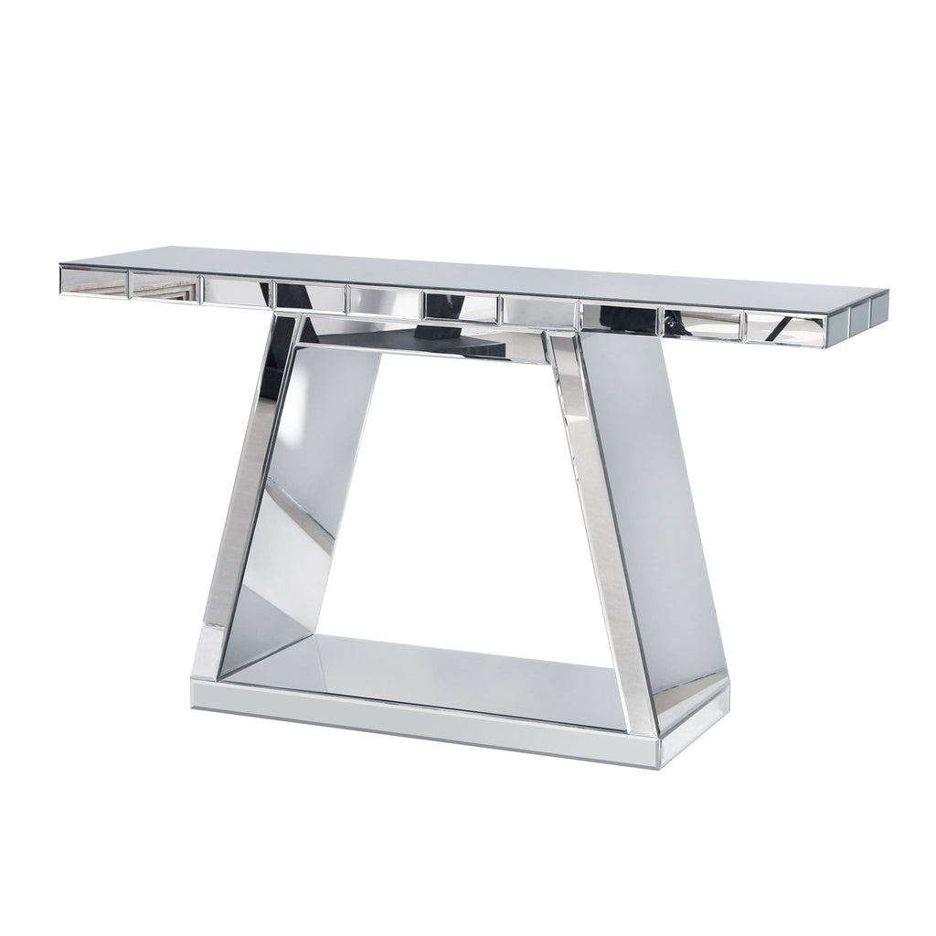 Modern Luxe Full Body Mirror Entryway Table With Trapezoid Base, 360° Reflective Console, Scratch Resistant, Open Storage - Silver by Unique Piece Furniture