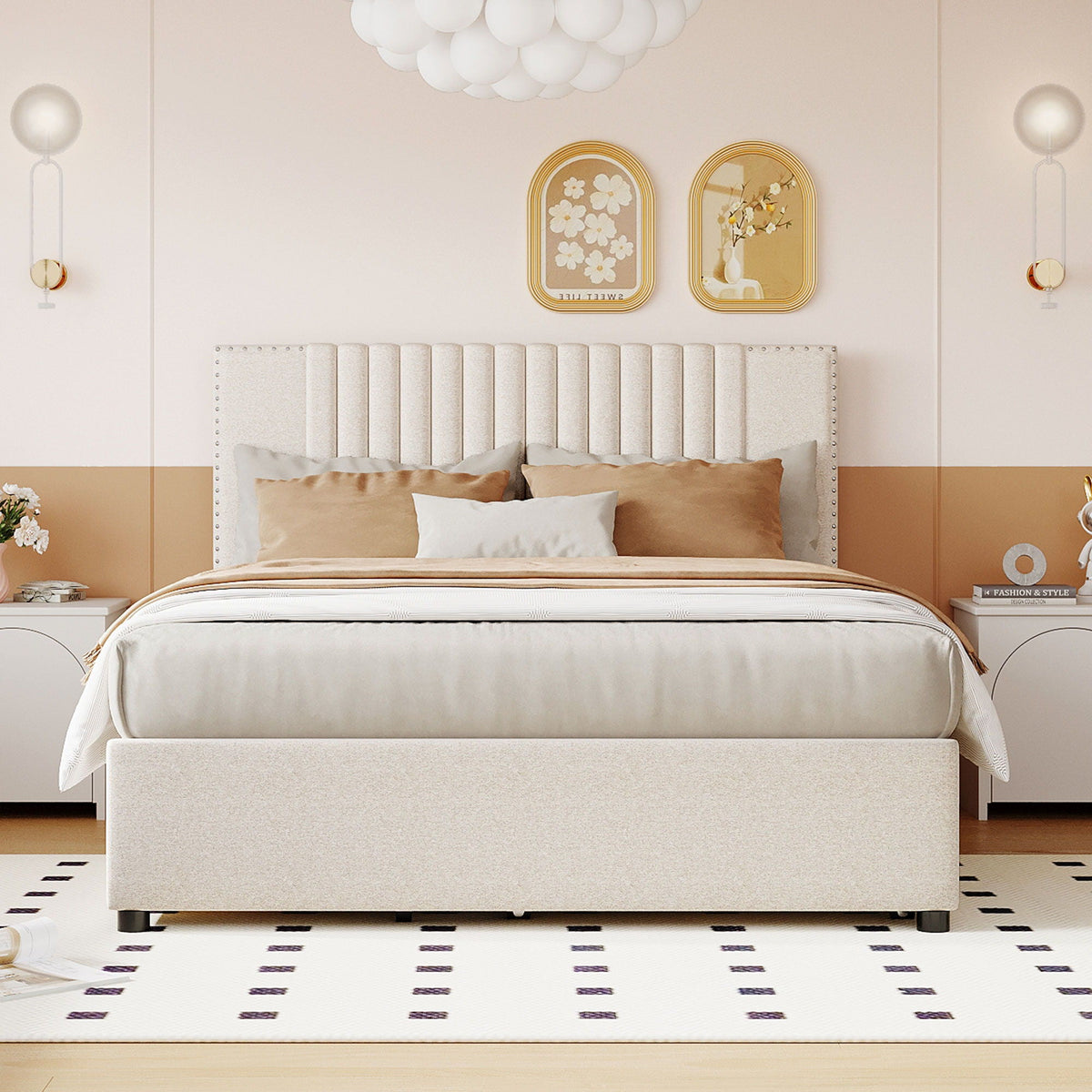 Upholstered Platform Bed With Drawers, Classic Headboard Design by Unique Piece Furniture