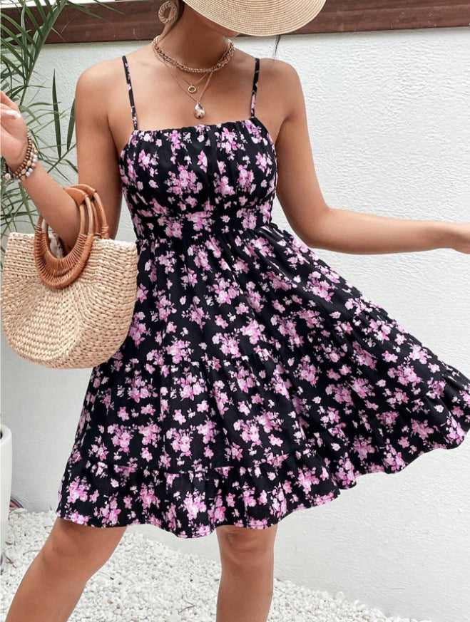 Floral Print Smocked Mini Dress Spaghetti Strap Slim Fit Flowy Dresses by FitiqueFit