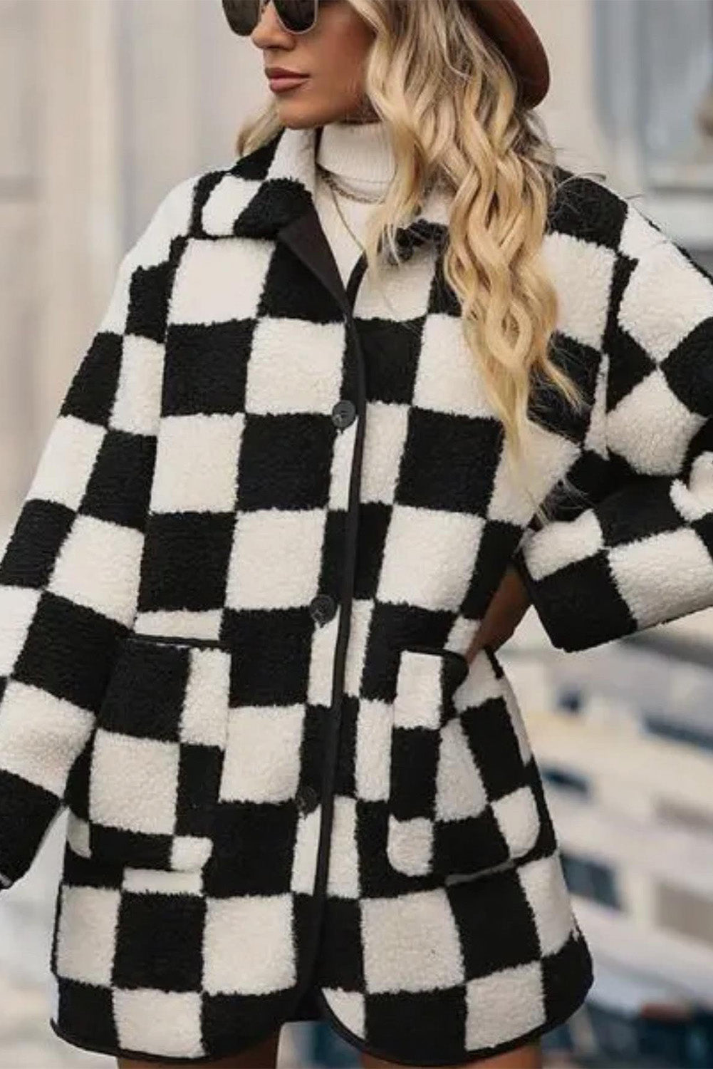 Black Checkered Side Pockets Collared Buttoned Fleece Jacket by Dear-Lover Dropshipping