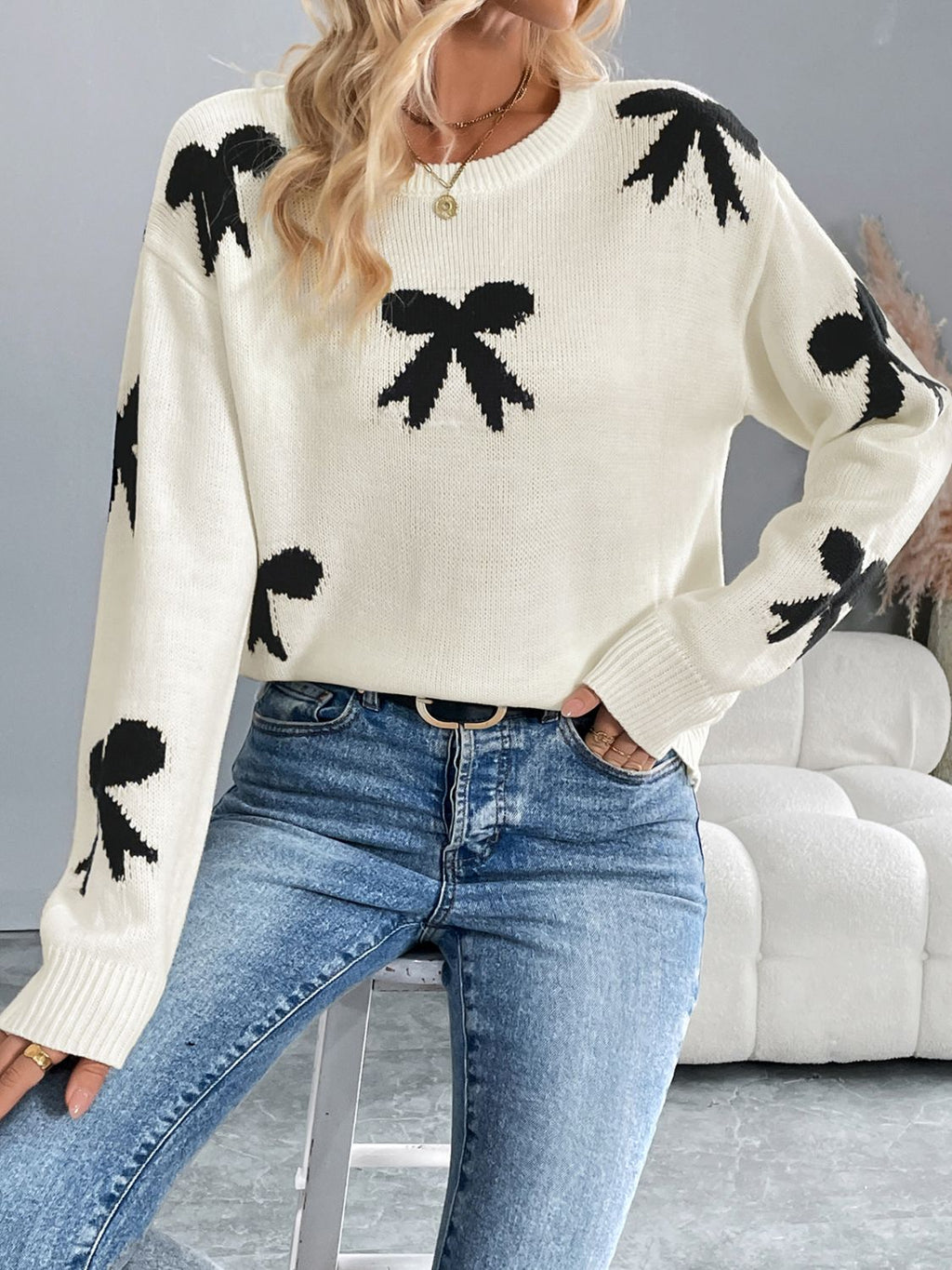 Perfee Bow Graphic Round Neck Long Sleeve Sweater by Wild and Free Boutique