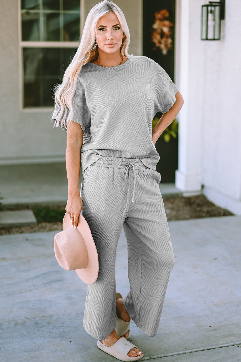 Gray Textured Loose Fit T Shirt and Drawstring Pants Set by Wild and Free Boutique