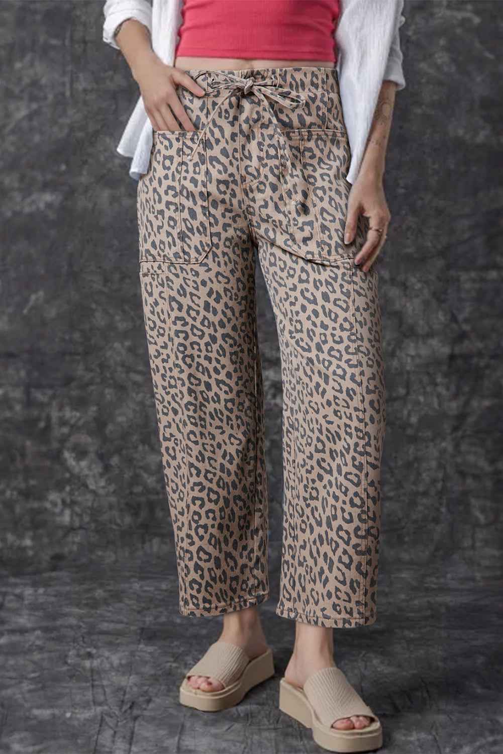 Khaki Leopard Printed Drawstring Elastic Waistband Pocketed Barrel Jeans by Dear-Lover Dropshipping