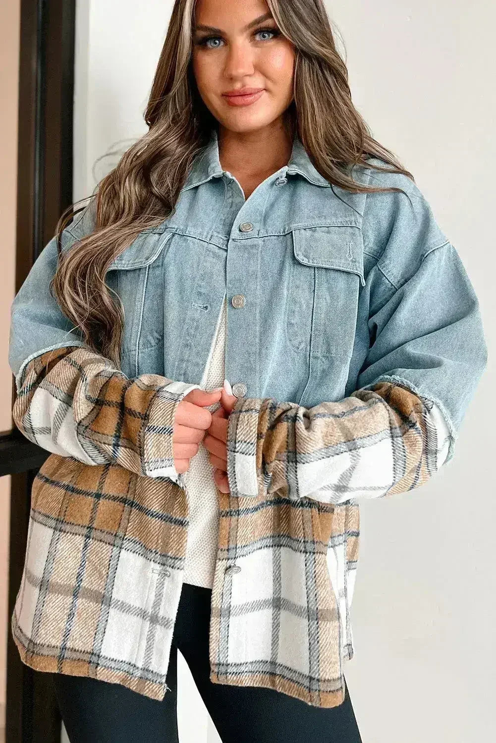 Khaki Plaid Patchwork Buttoned Oversized Denim Jacket by Femstylo