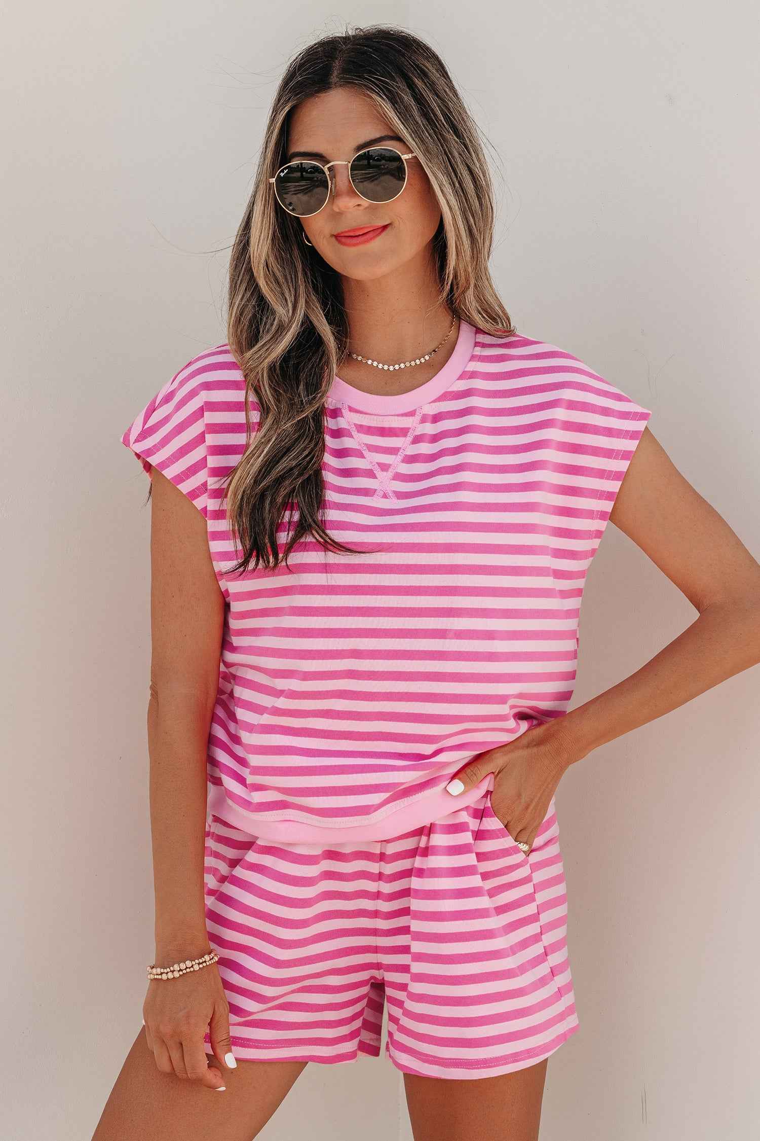 Pink Stripe Cap Sleeve Tee Elastic Waist Shorts 2pcs Outfit by Dear-Lover Dropshipping