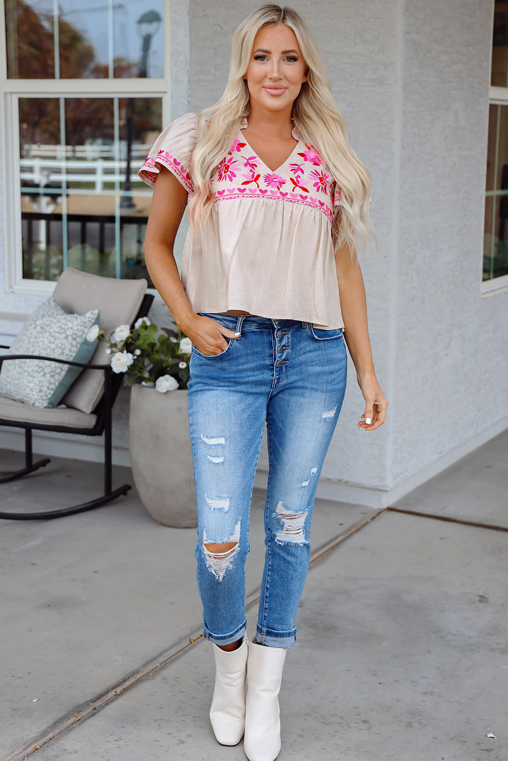 Beige Floral Embroidered Short Sleeve Notched V Neck Blouse by Wild and Free Boutique