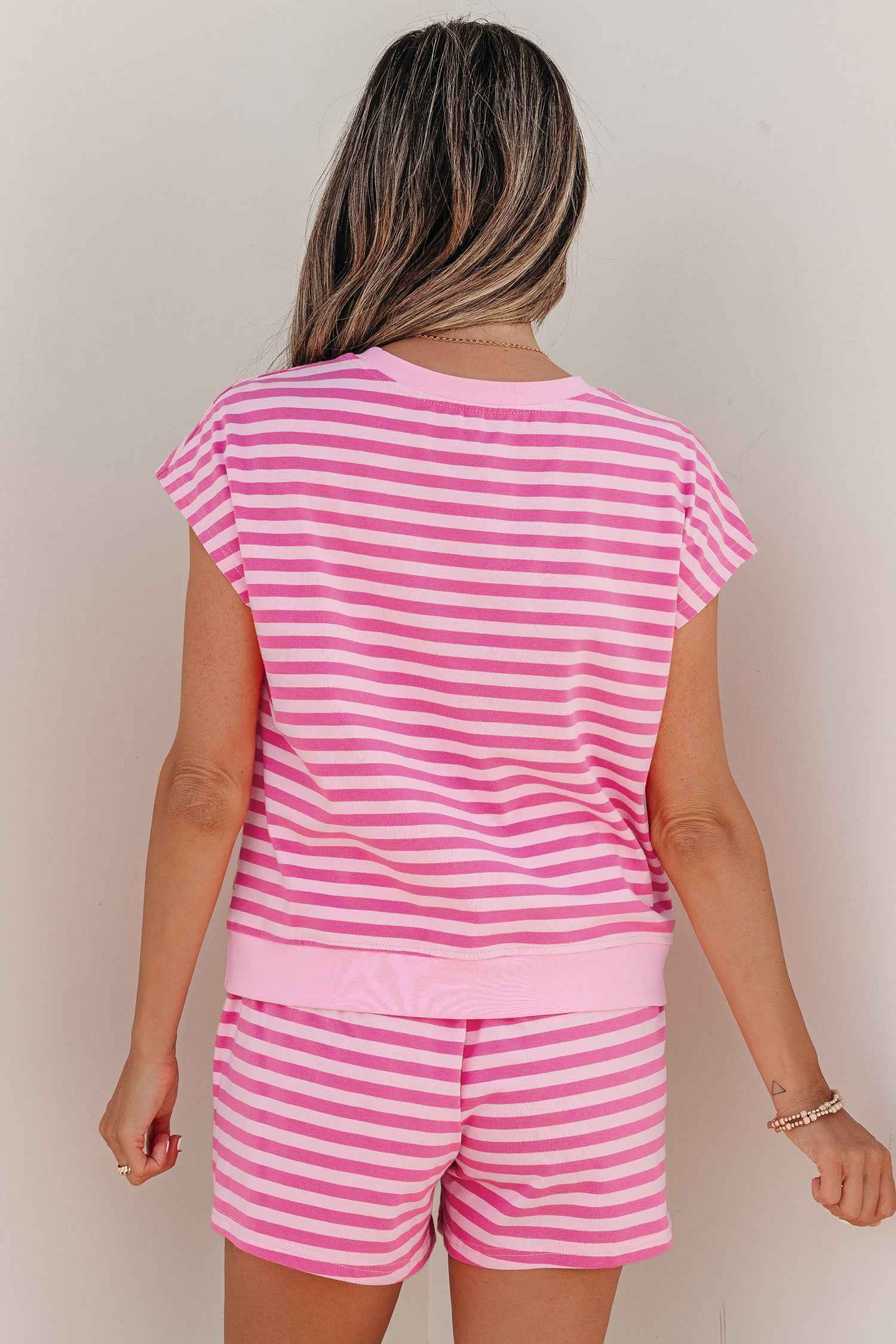 Pink Stripe Cap Sleeve Tee Elastic Waist Shorts 2pcs Outfit by Dear-Lover Dropshipping