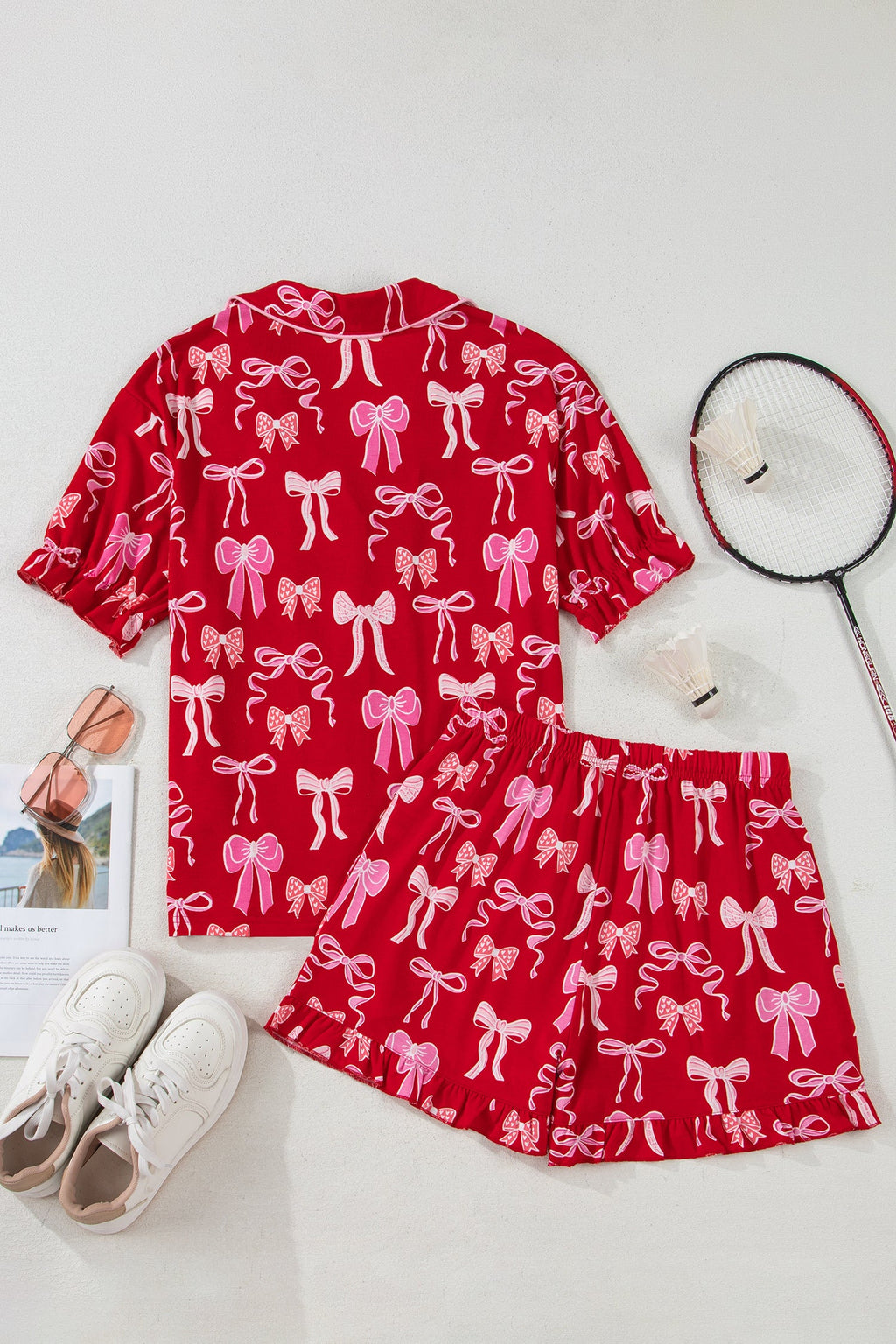 Red Sweet Bow Print Ruffled Short Sleeve Shirt Shorts 2pcs Pajama Set by Wild and Free Boutique