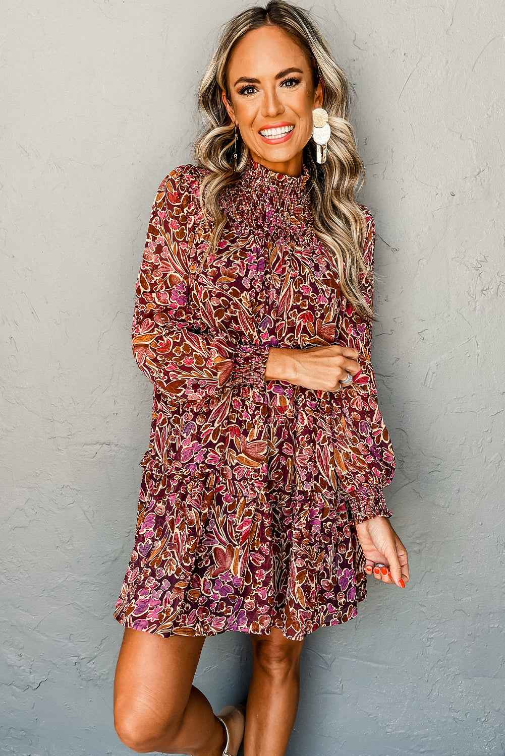 Red Floral Print Long Sleeve Shirred High Neck Loose Mini Dress by Wild and Free Boutique