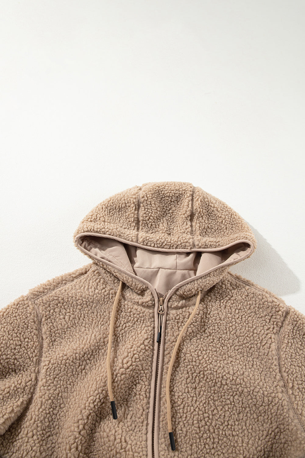 Pale Khaki Fleece Zip Up Drawstring Hooded Pocketed Jacket by Wild and Free Boutique