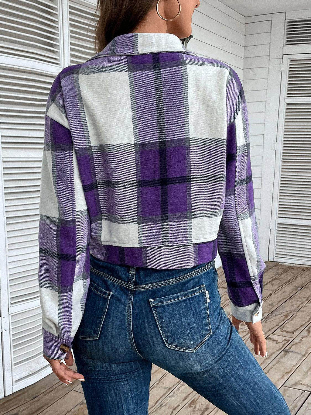 Perfee Plaid Button Up Drop Shoulder Cropped Jacket for Women by Selvanelle