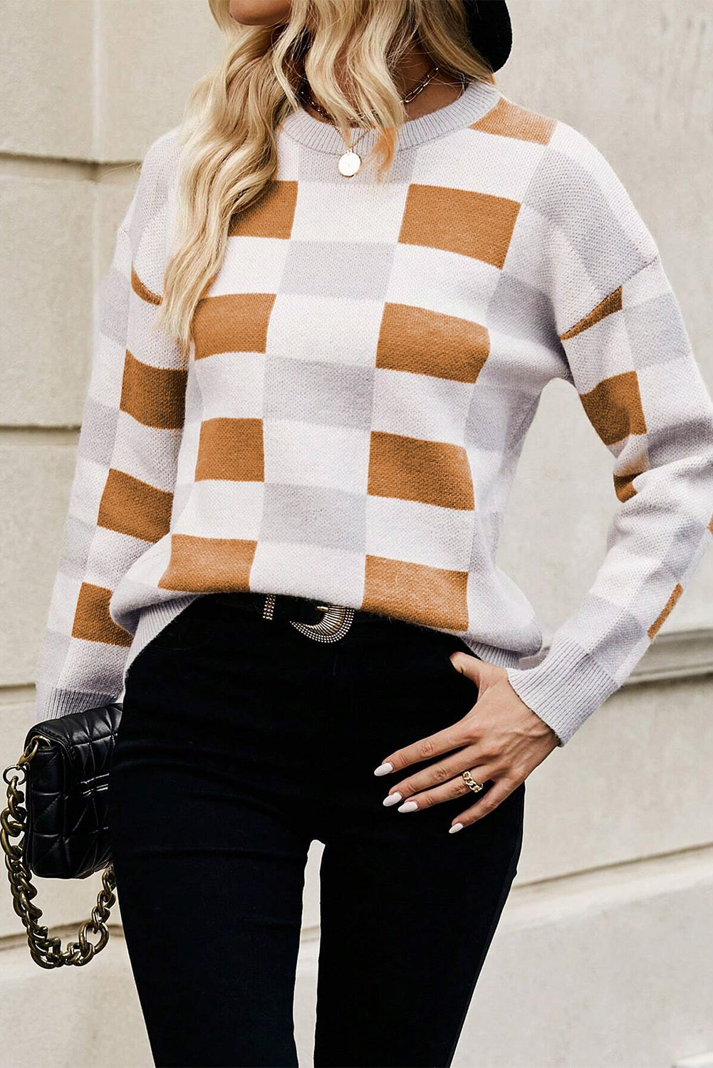 Khaki Checkered Ribbed Edge O Neck Drop Shoulder Sweater by Wild and Free Boutique