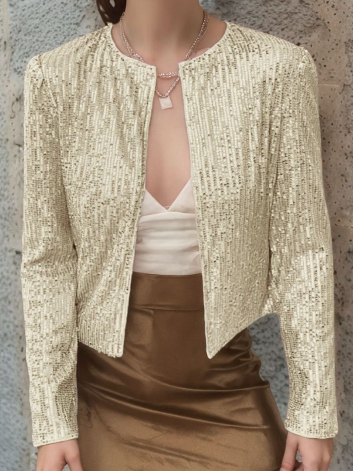 Full Size Sequin Open Front Cropped Jacket by Wild and Free Boutique