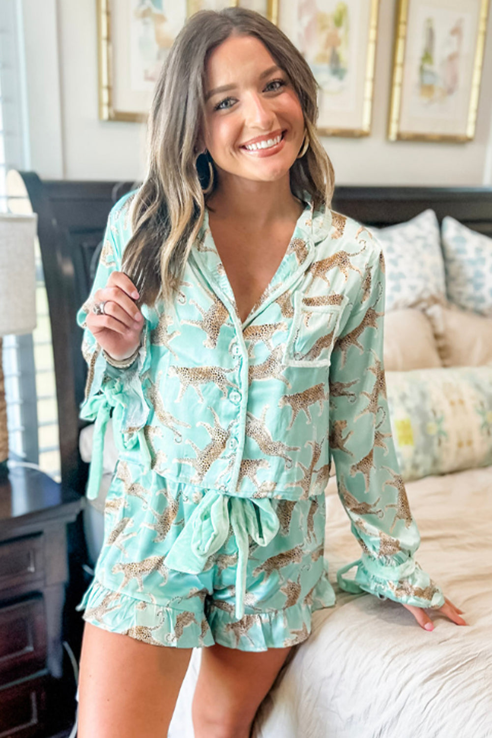 Green Leopard Satin Ruffle Pajama Short Set by Dear-Lover Dropshipping