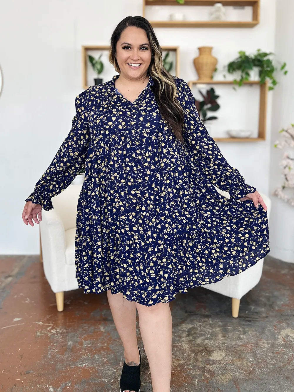 Double Take Full Size Printed Ruffle Hem Long Sleeve Tiered Dress by Wild and Free Boutique