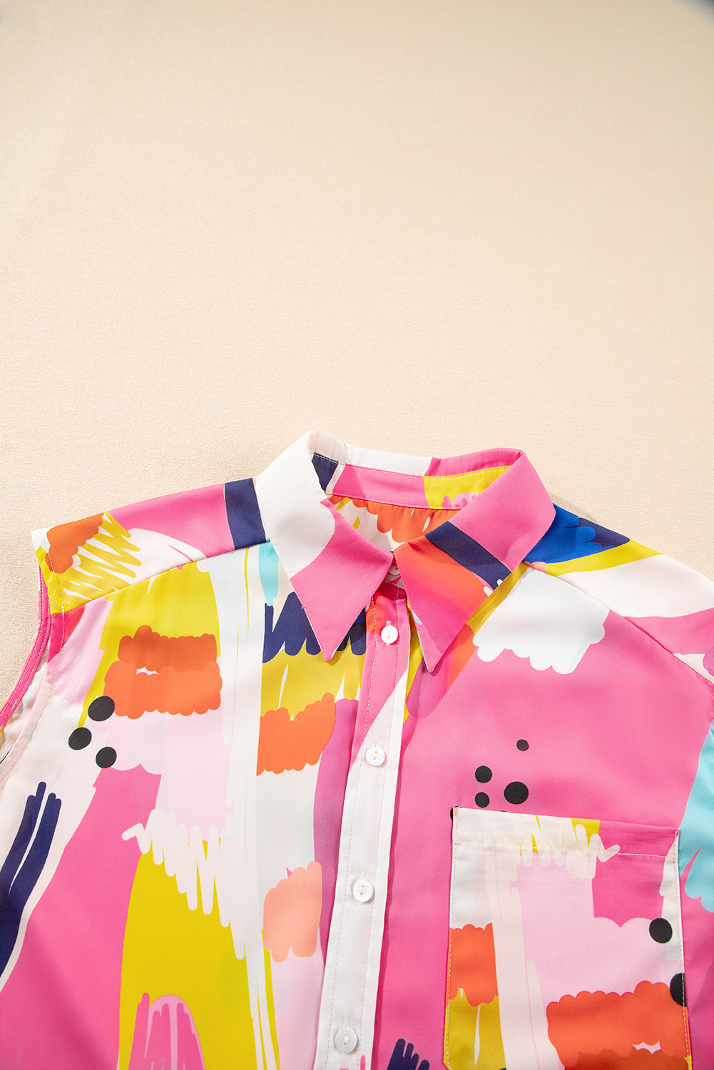 Multicolour Abstract Print Collared Cap Sleeve Casual Shirt by Wild and Free Boutique