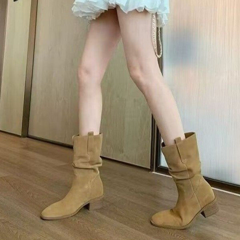 Autumn Western Pleated Short Cowhide Leather Boots for Women by FitiqueFit