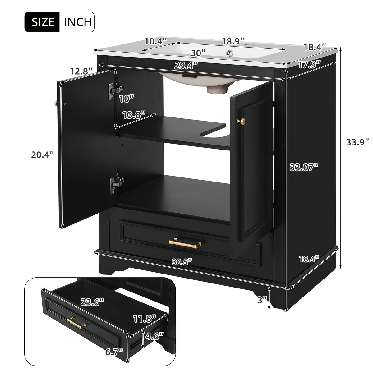 Bathroom Vanity With Sink, Cabinet & 2 Soft Closing Doors & Adjustable Shelf by Unique Piece Furniture
