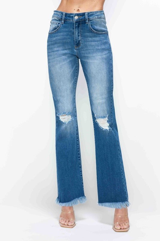 bytos Full Size Raw Hem Distressed High Rise Bootcut Jeans by Wild and Free Boutique