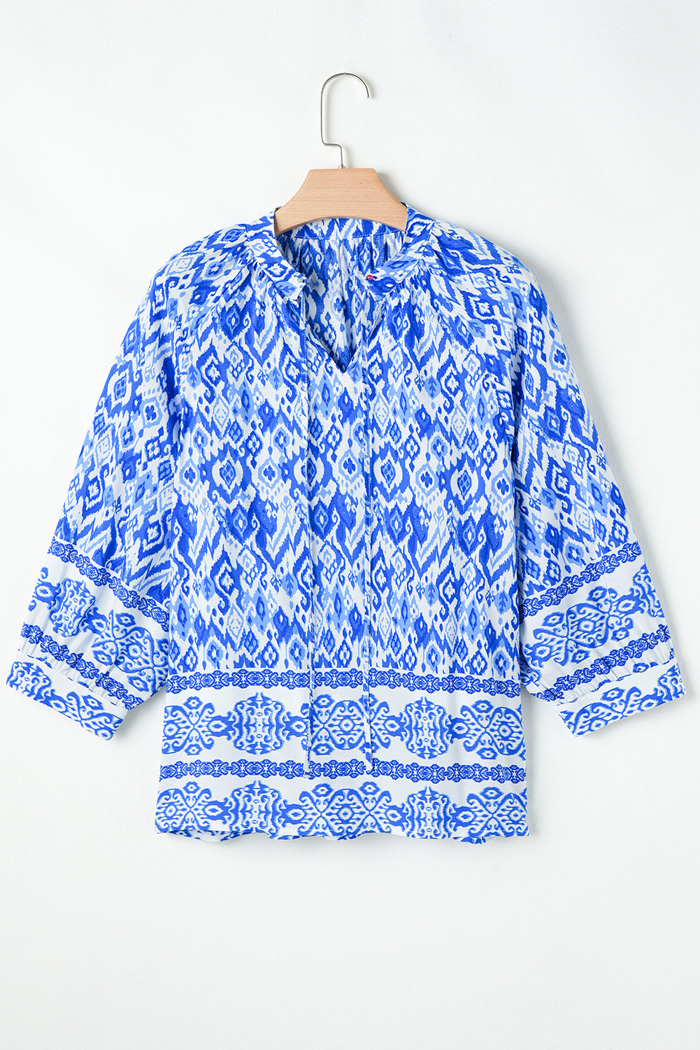 Blue Boho Printed 3/4 Sleeve Tied Neck Blouse by Wild and Free Boutique