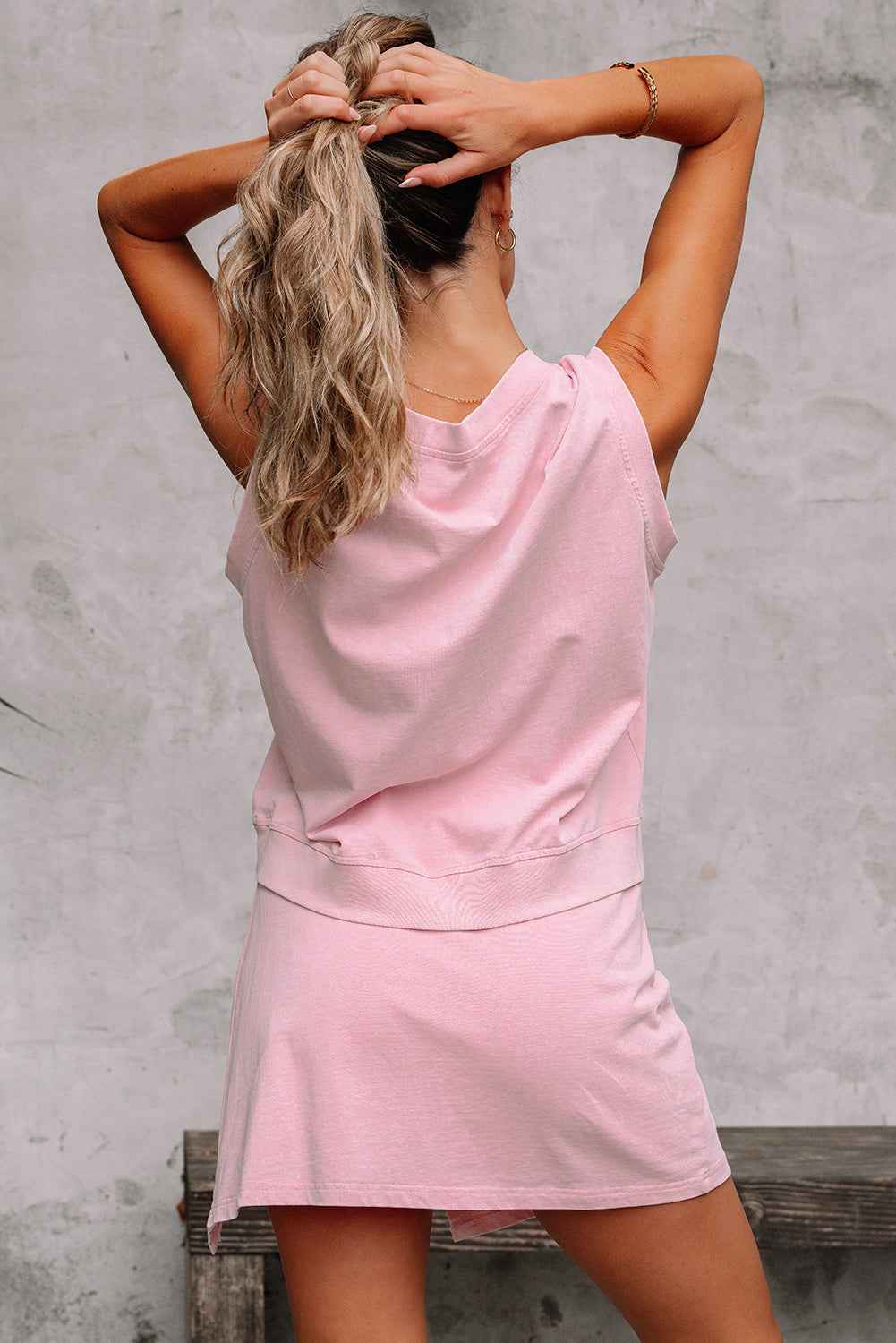 Light Pink 2 Pieces Mineral Wash Cotton Tank Top Lined Split Skirt Set by Wild and Free Boutique
