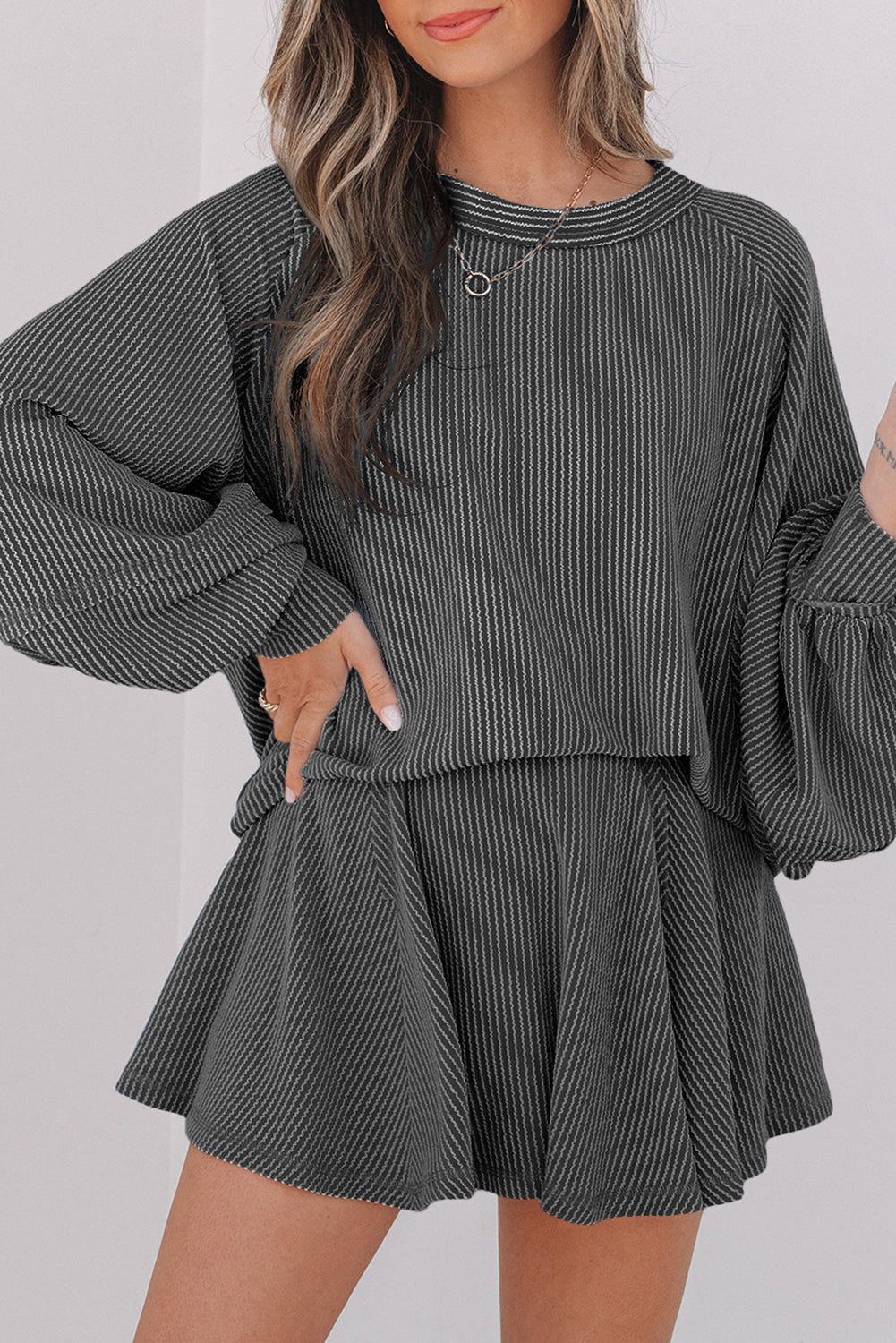 Jet Stream Corded Lantern Sleeve Top High Waist Ruffled Mini Skirt Set by Wild and Free Boutique
