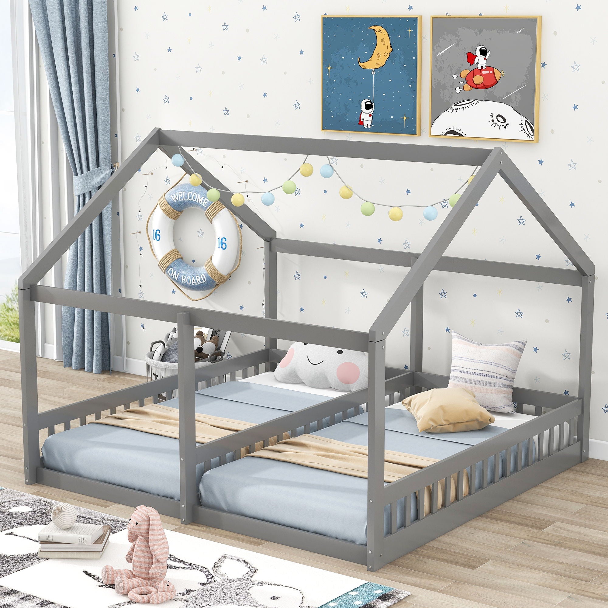 House Platform Beds, 2 Shared Beds, Metal Frame With Guardrails by Unique Piece Furniture