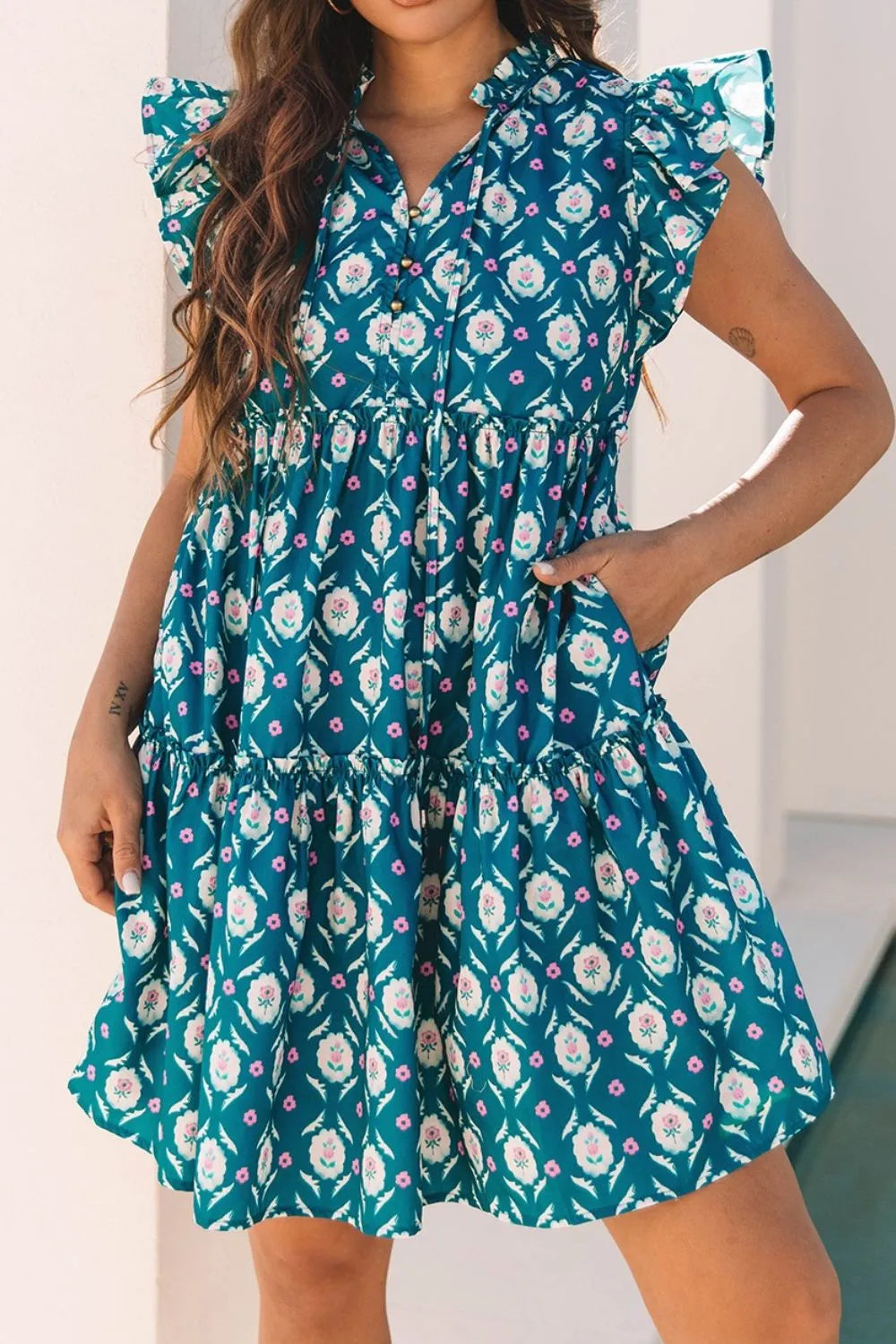 Printed Tie Neck Ruffled Cap Sleeve Dress by Simply Love