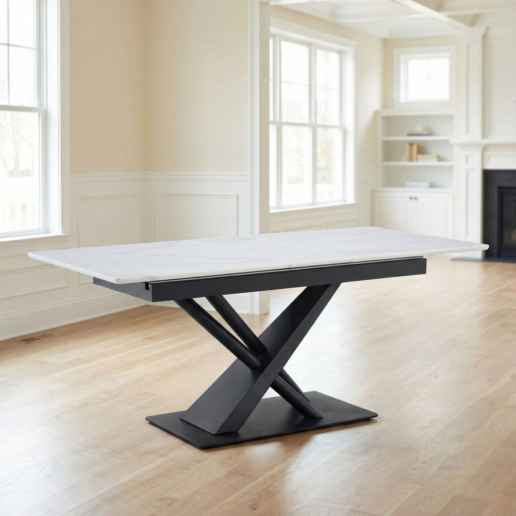 Dining Table With Geometric X Frame For Kitchen Or Dining Room - White Marble by Unique Piece Furniture