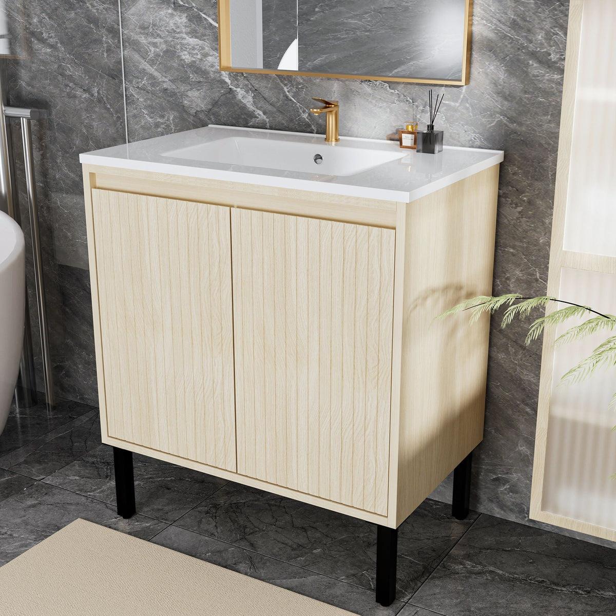 Bathroom Vanity With Ceramic Sink, Floor-Standing Design, Soft-Closing Drawers by Unique Piece Furniture