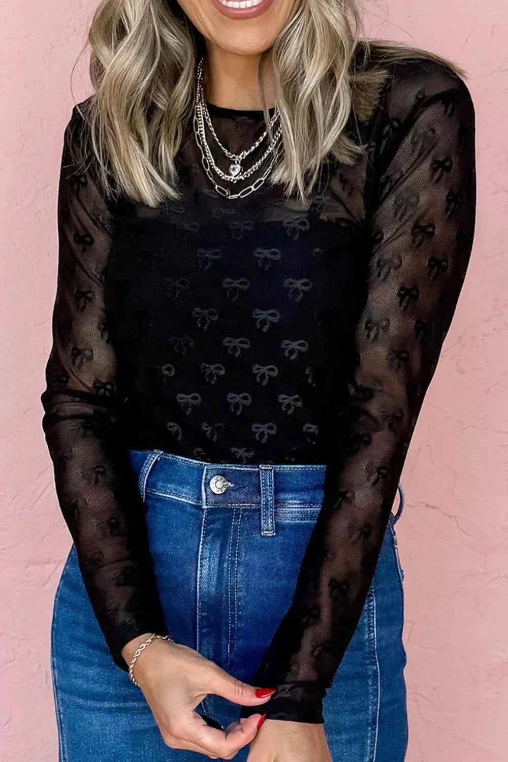 Bow Round Neck Long Sleeve Top by Wild and Free Boutique