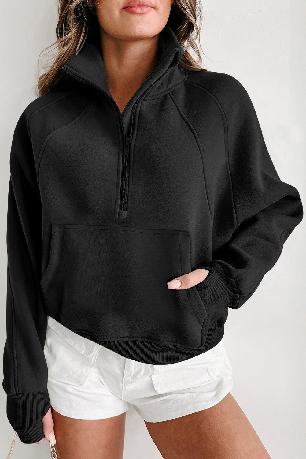 Smoke Green Quarter Zip Stand Neck Kangaroo Pocket Sweatshirt by Wild and Free Boutique
