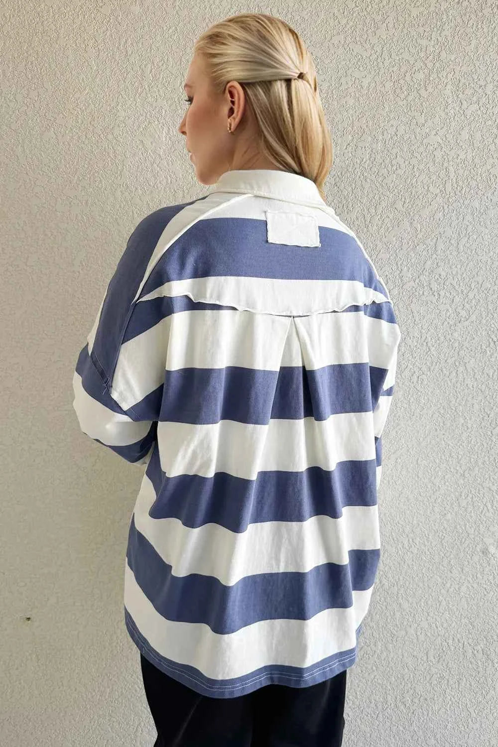 Oh Pima Cotton Wash Wide Striped Collared Neck Long Sleeve Top by Wild and Free Boutique