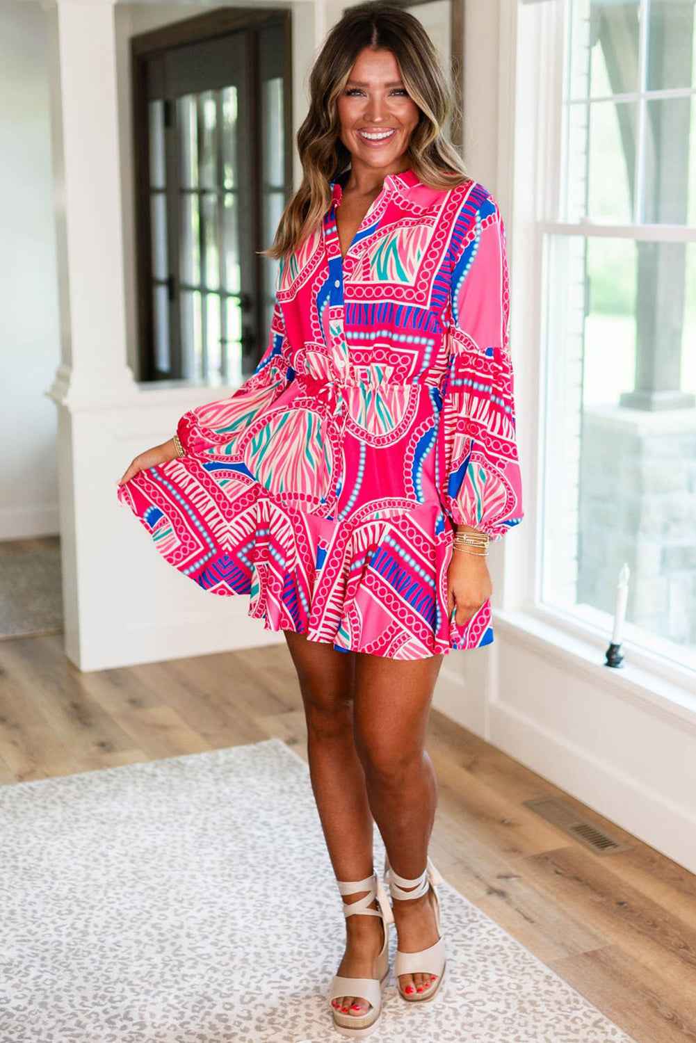 Rose Boho Abstract Printed Puff Sleeve Drawstring Waist Ruffled Mini Dress by Wild and Free Boutique