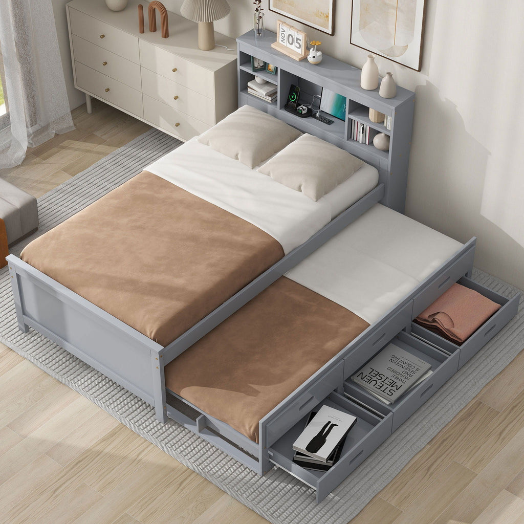 Platform Bed With Storage Headboard, USB, Trundle And 3 Drawers by Unique Piece Furniture