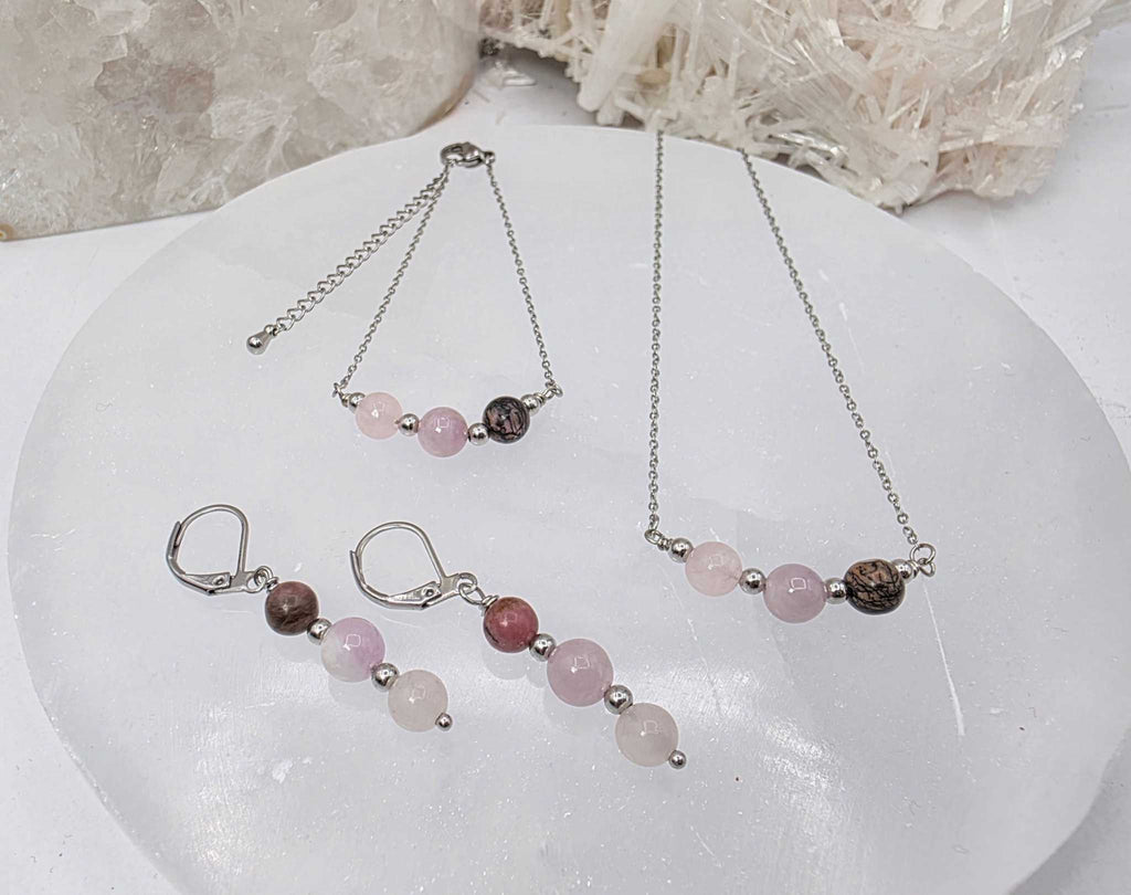I AM ENOUGH -Kunzite, Rose Quartz, Rhodonite Gem Jewelry Set by Sacred Crystals