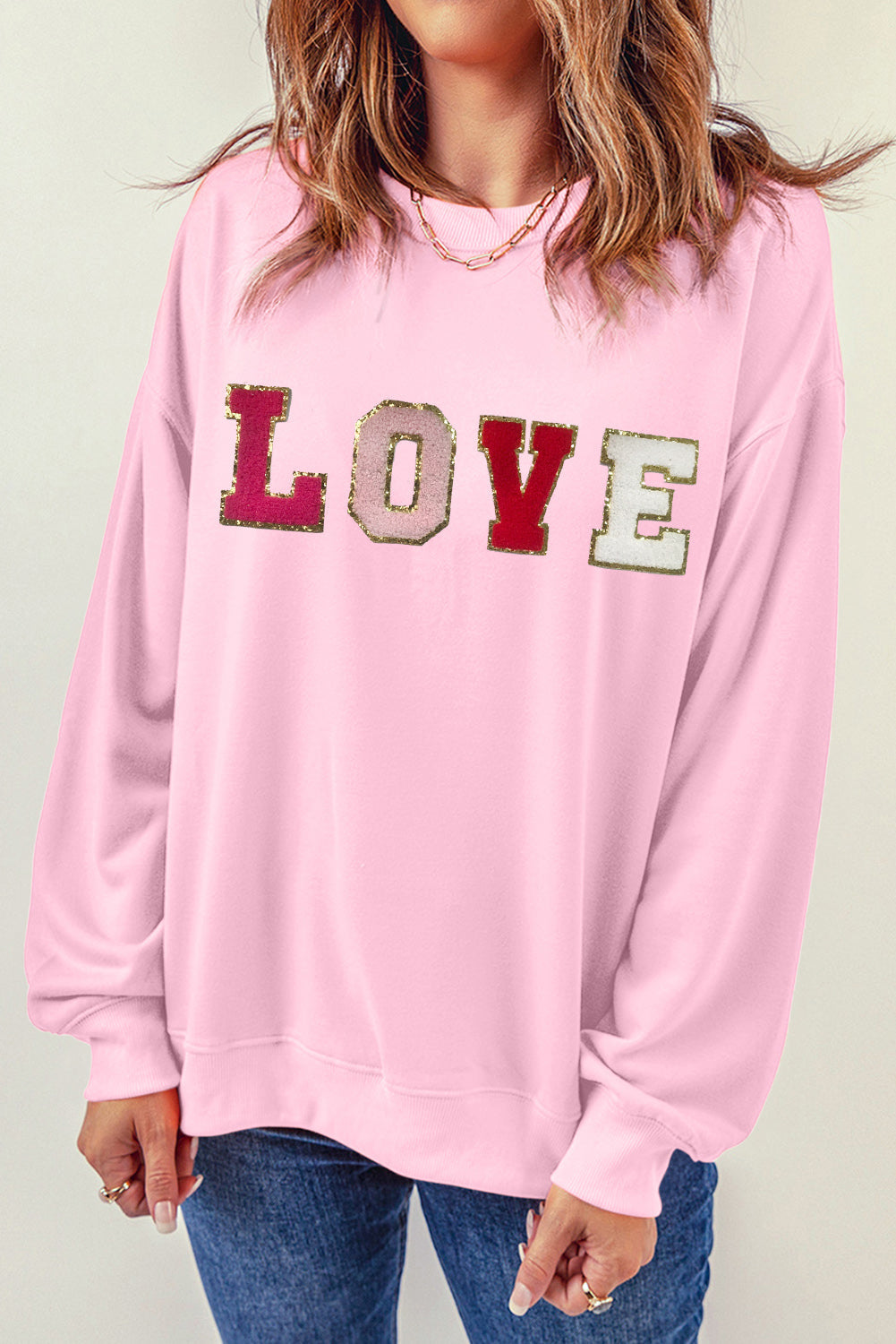 LOVE Patch Round Neck Dropped Shoulder Sweatshirt by Wild and Free Boutique