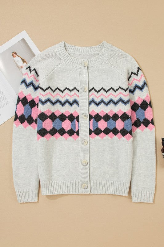 Stripe Geometric Button-Up Sweater Cardigan by The Diamond Empire LLC