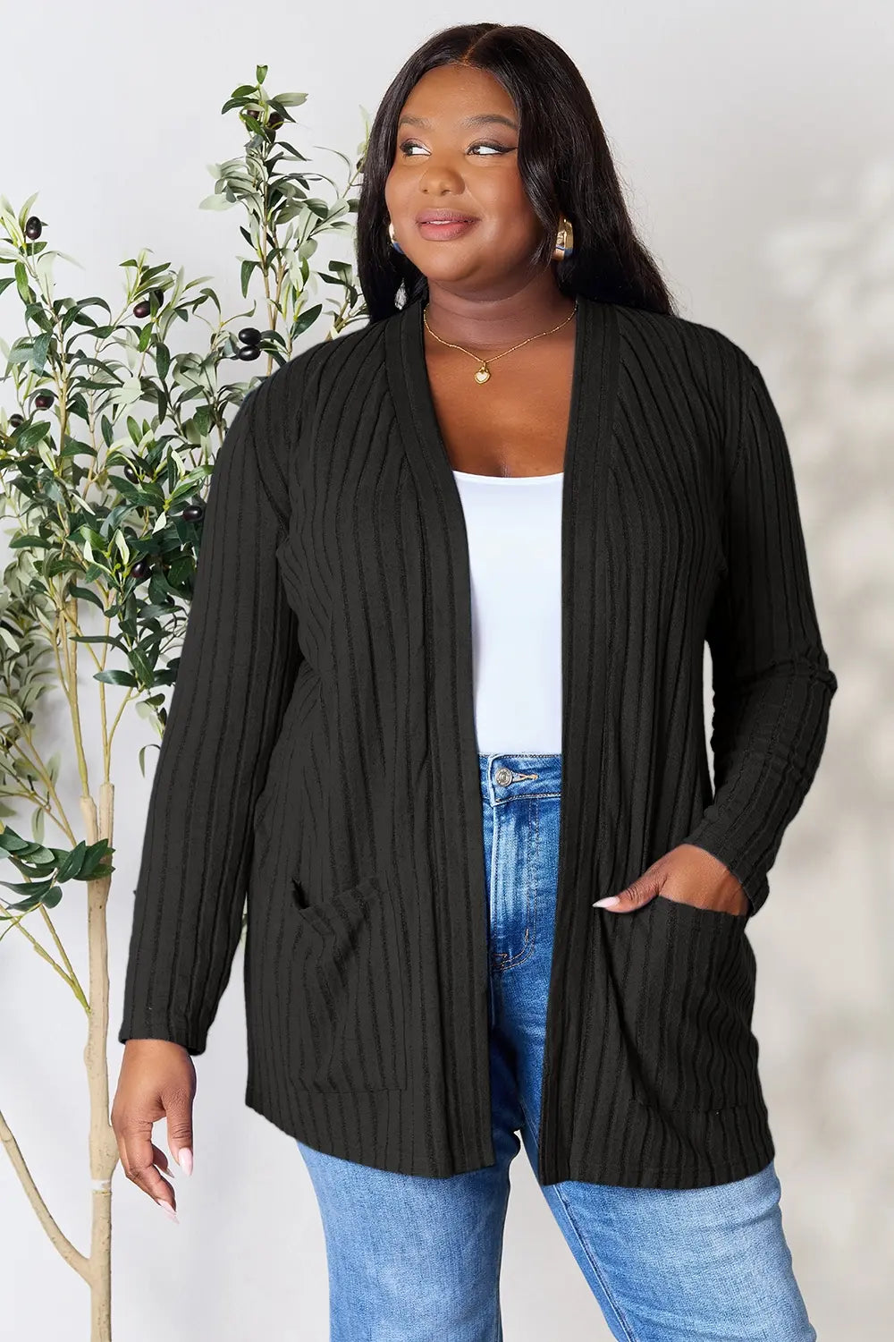 Basic Bae Full Size Ribbed Open Front Cardigan with Pockets by Wild and Free Boutique