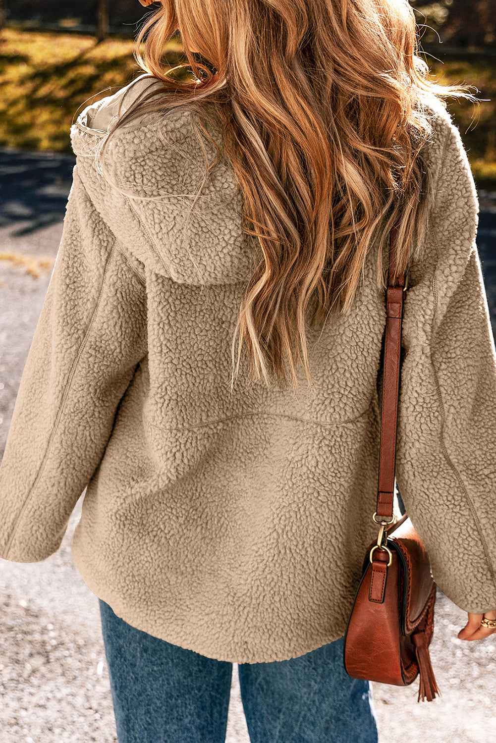 Pale Khaki Fleece Zip Up Drawstring Hooded Pocketed Jacket by Wild and Free Boutique