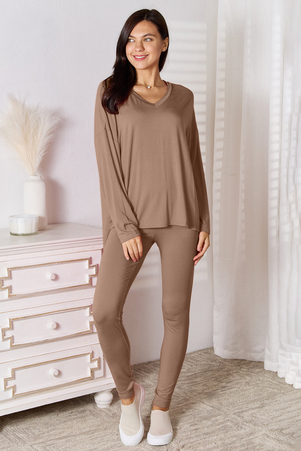 Basic Bae Full Size V-Neck Soft Rayon Long Sleeve Top and Pants Lounge Set by Wild and Free Boutique
