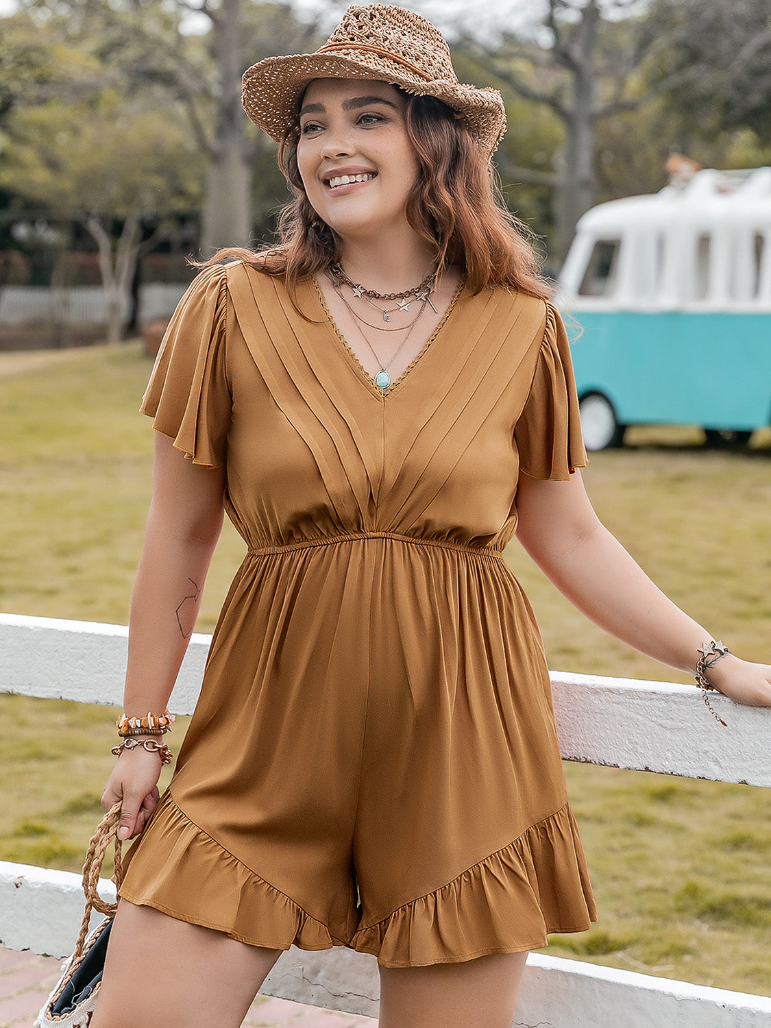 Plus Size Ruffled V-Neck Short Sleeve Romper by Wild and Free Boutique
