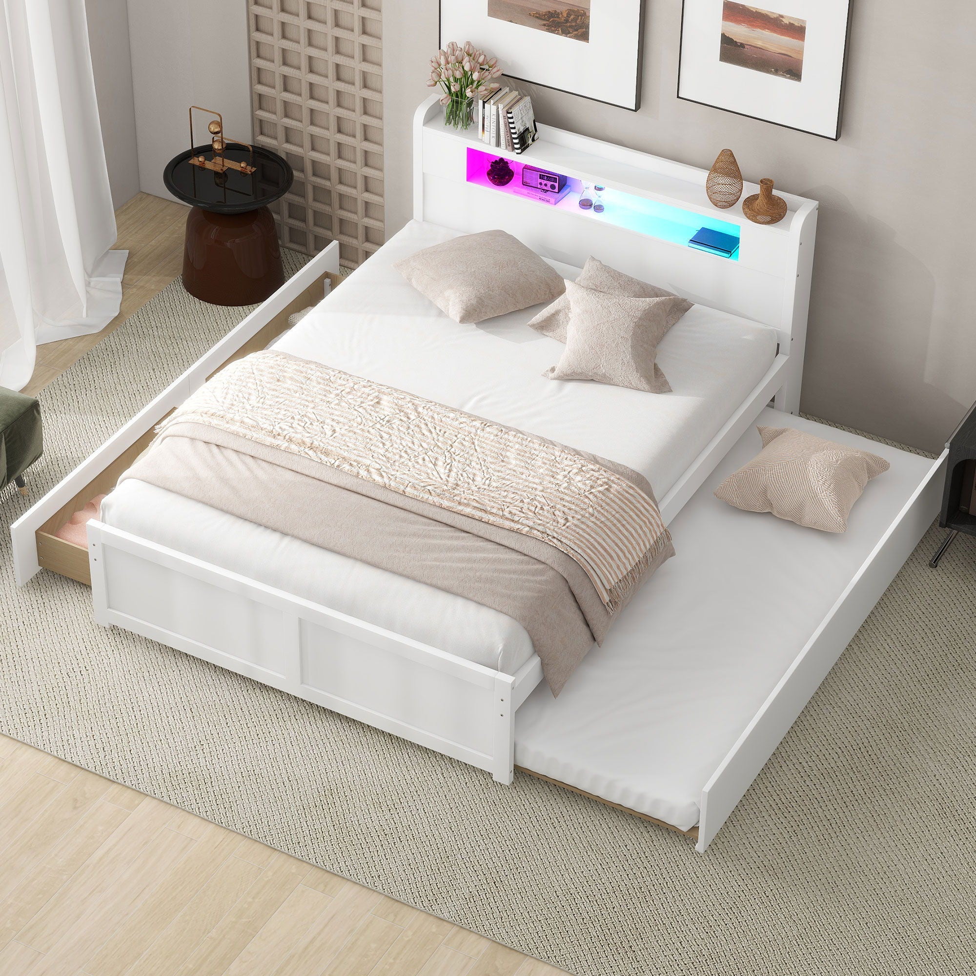 Storage Platform Bed With LED Lights, 2 Drawers And Trundle by Unique Piece Furniture