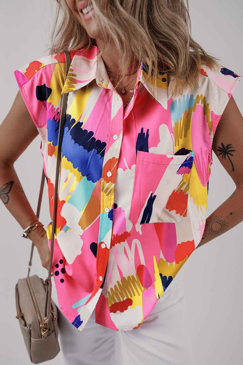 Multicolour Abstract Print Collared Cap Sleeve Casual Shirt by Wild and Free Boutique