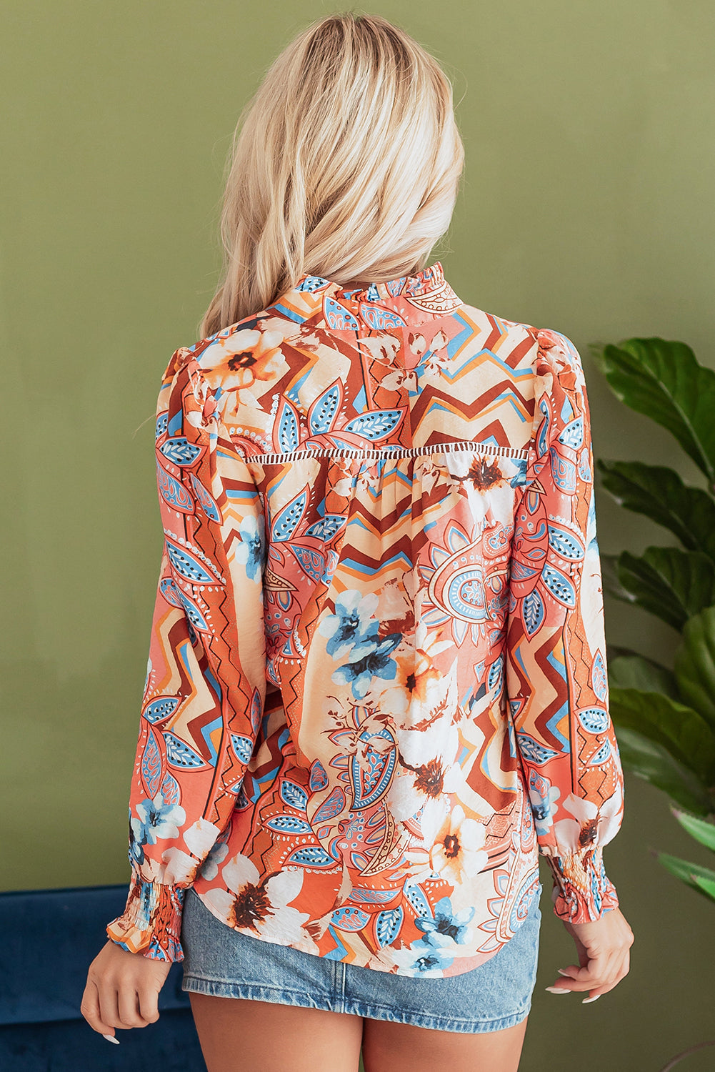 Orange Floral Print Shirred Cuff Buttoned Loose Shirt by Dear-Lover Dropshipping