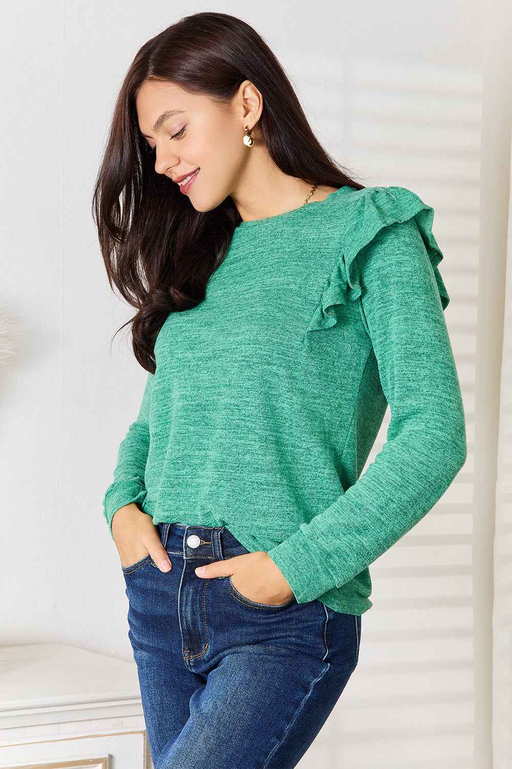 Double Take Ruffle Shoulder Long Sleeve T-Shirt by Wild and Free Boutique