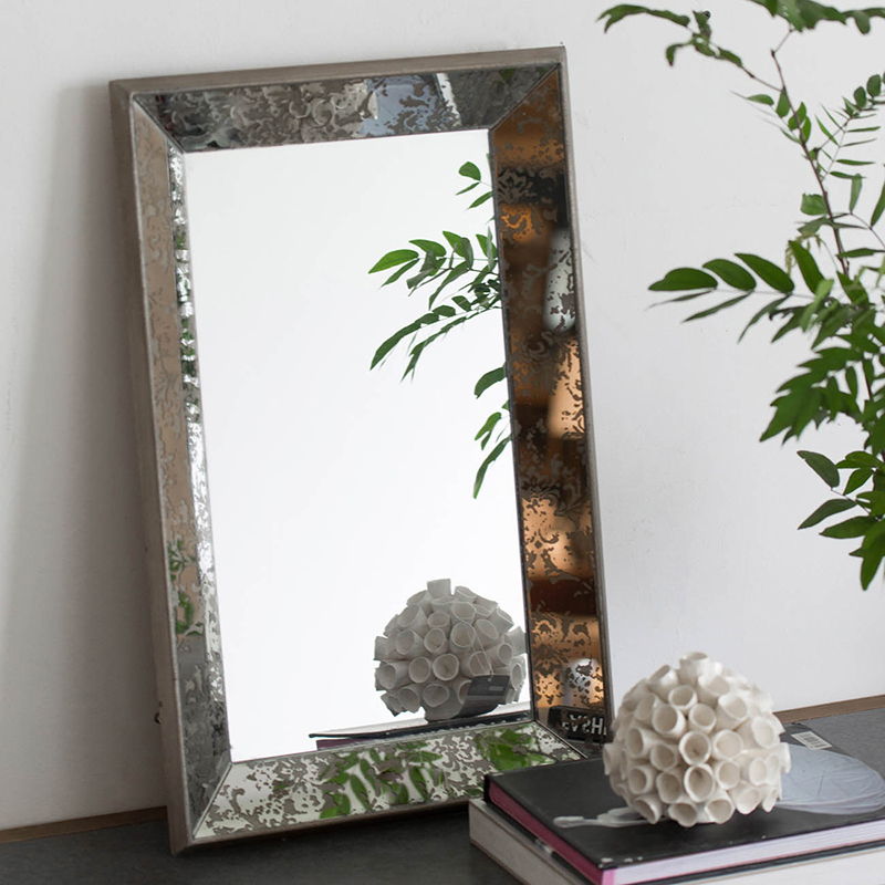 Antique Rectangle Mirror With Floral Accents, Mirrored Display Tray, Hanging Wall Mirror by Unique Piece Furniture