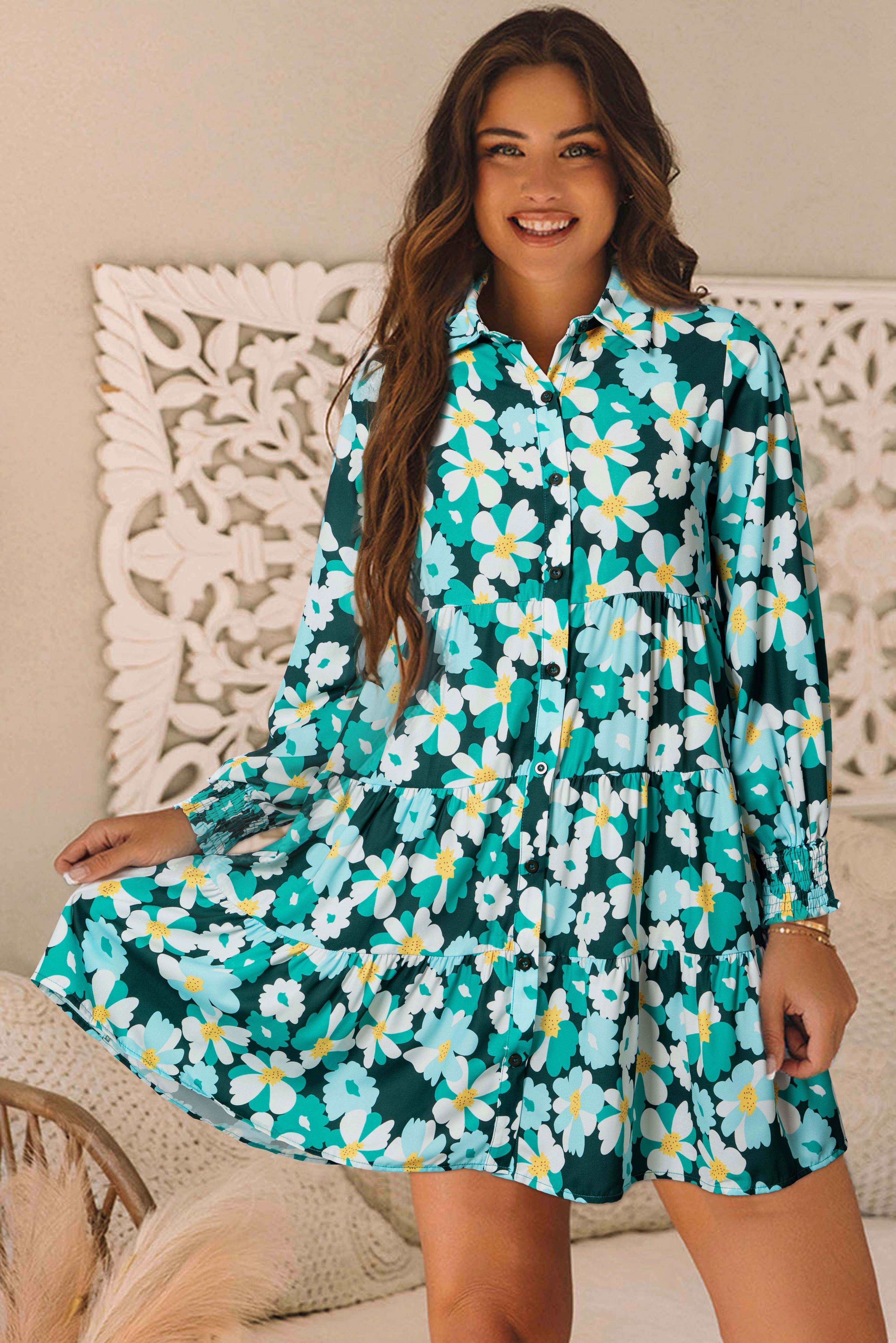 Green Floral Tiered Long Puff Sleeve Shirt Dress by Wild and Free Boutique