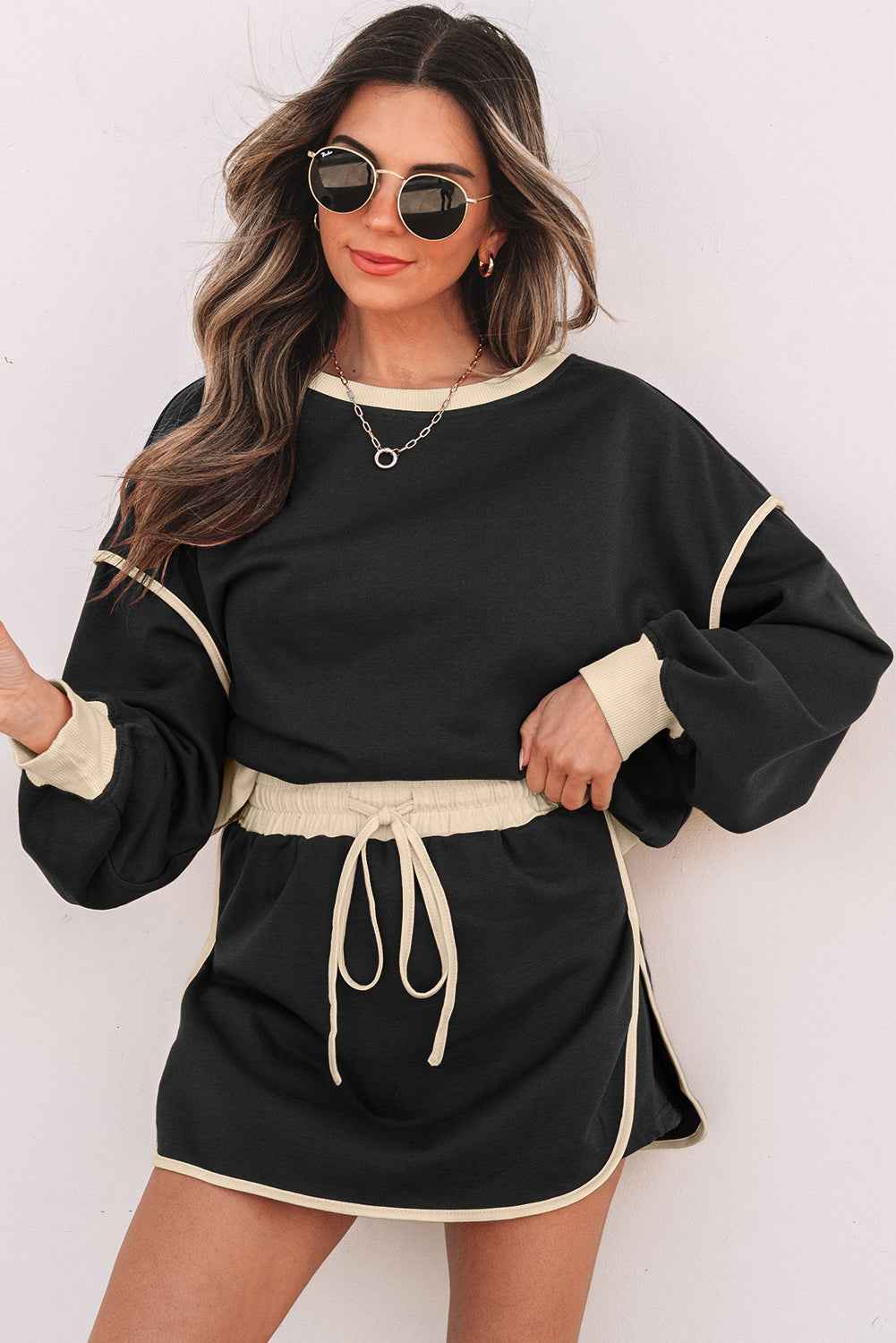 Black Color Contrast Loose Pullover and Lace-up Waist Skort Set by Dear-Lover Dropshipping